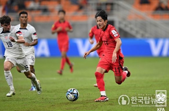 지난 미국전에 선발 출전한 양민혁(강원FCU18)의 모습.