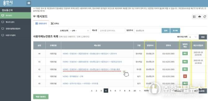 용인특례시 홈페이지 관리자 화면